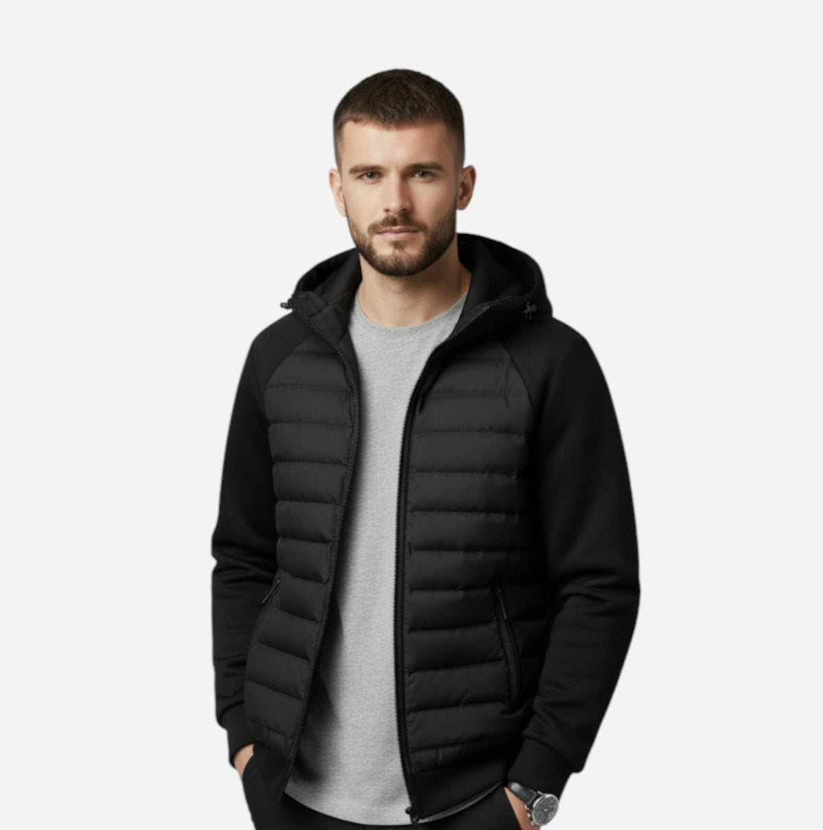 Men's Hooded Down Jacket With Quilted Panels - Image 9