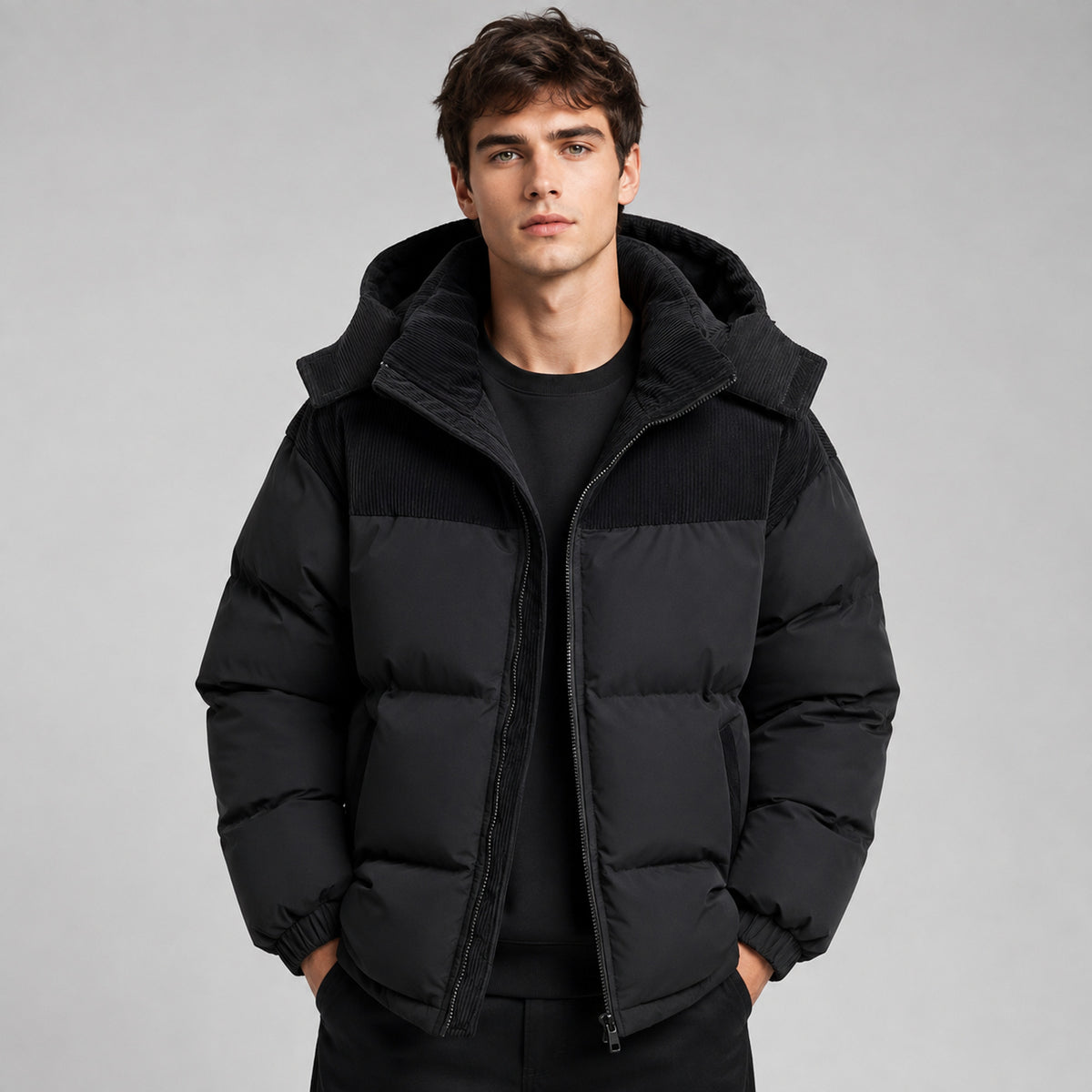Men's Hooded Puffer Jacket with Padded Oversized Fit and Hood - Image 1
