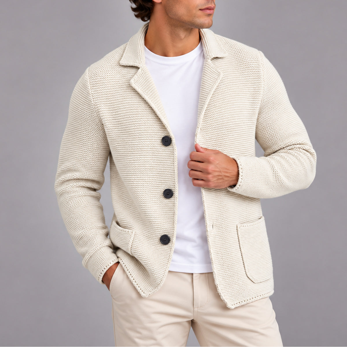 Men’s Knitted Blazer Cardigan With Button-Up Front And Patch Pockets - Image 5