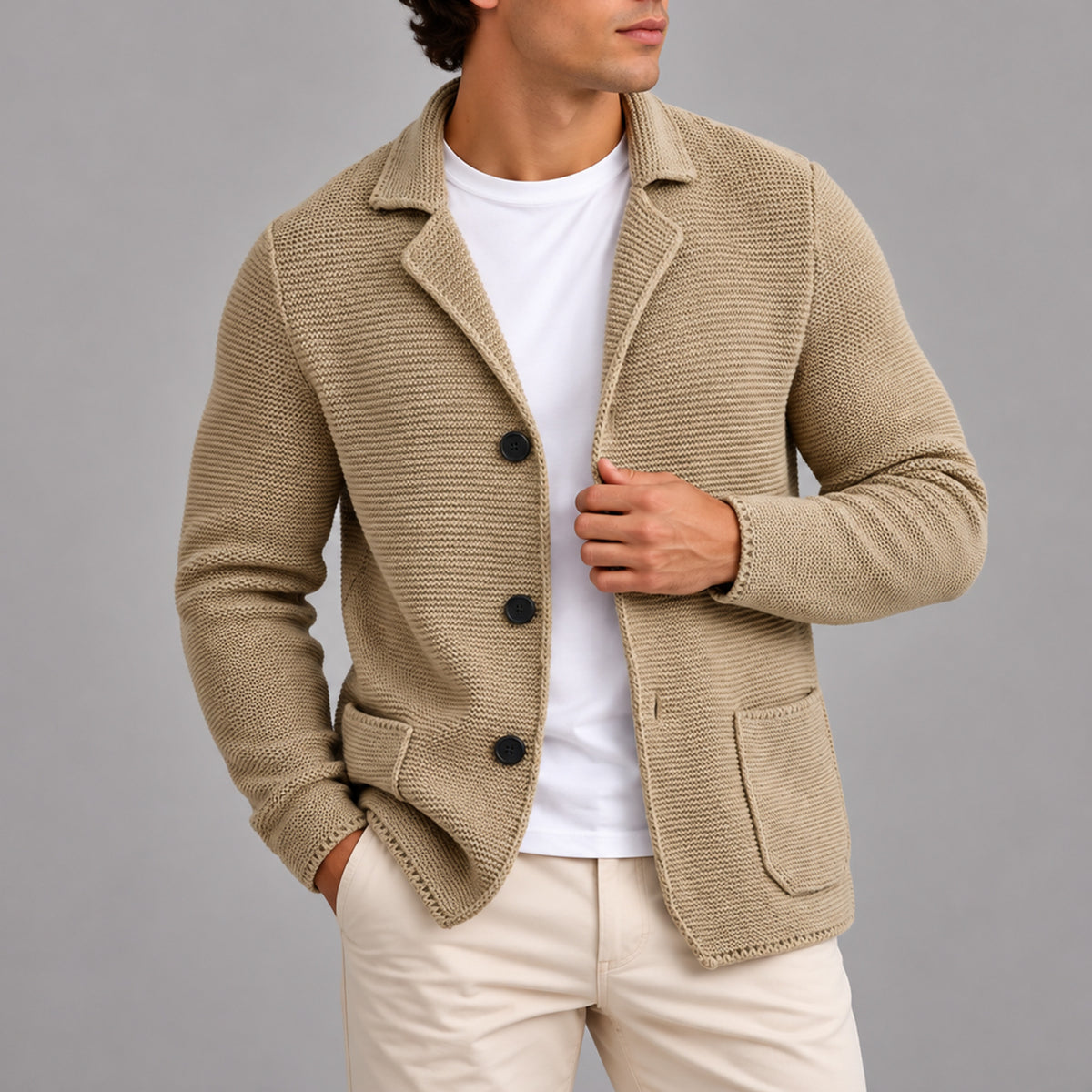 Men’s Knitted Blazer Cardigan With Button-Up Front And Patch Pockets - Image 7