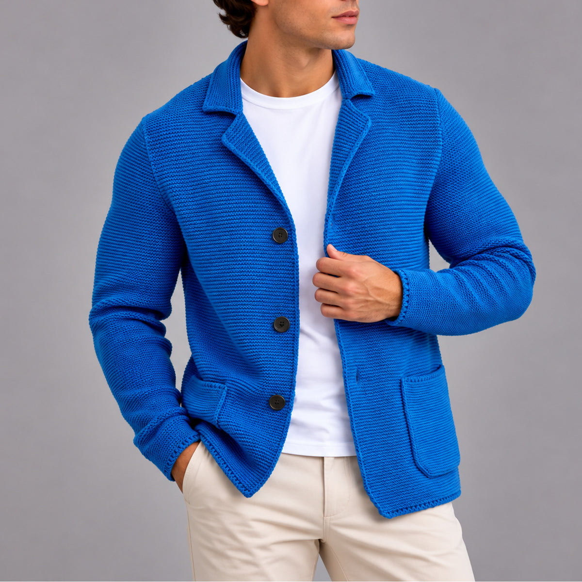 Men’s Knitted Blazer Cardigan With Button-Up Front And Patch Pockets - Image 8
