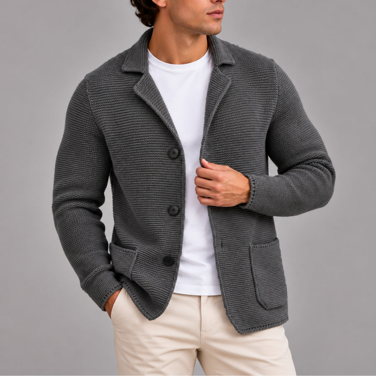 Men’s Knitted Blazer Cardigan With Button-Up Front And Patch Pockets - Image 2