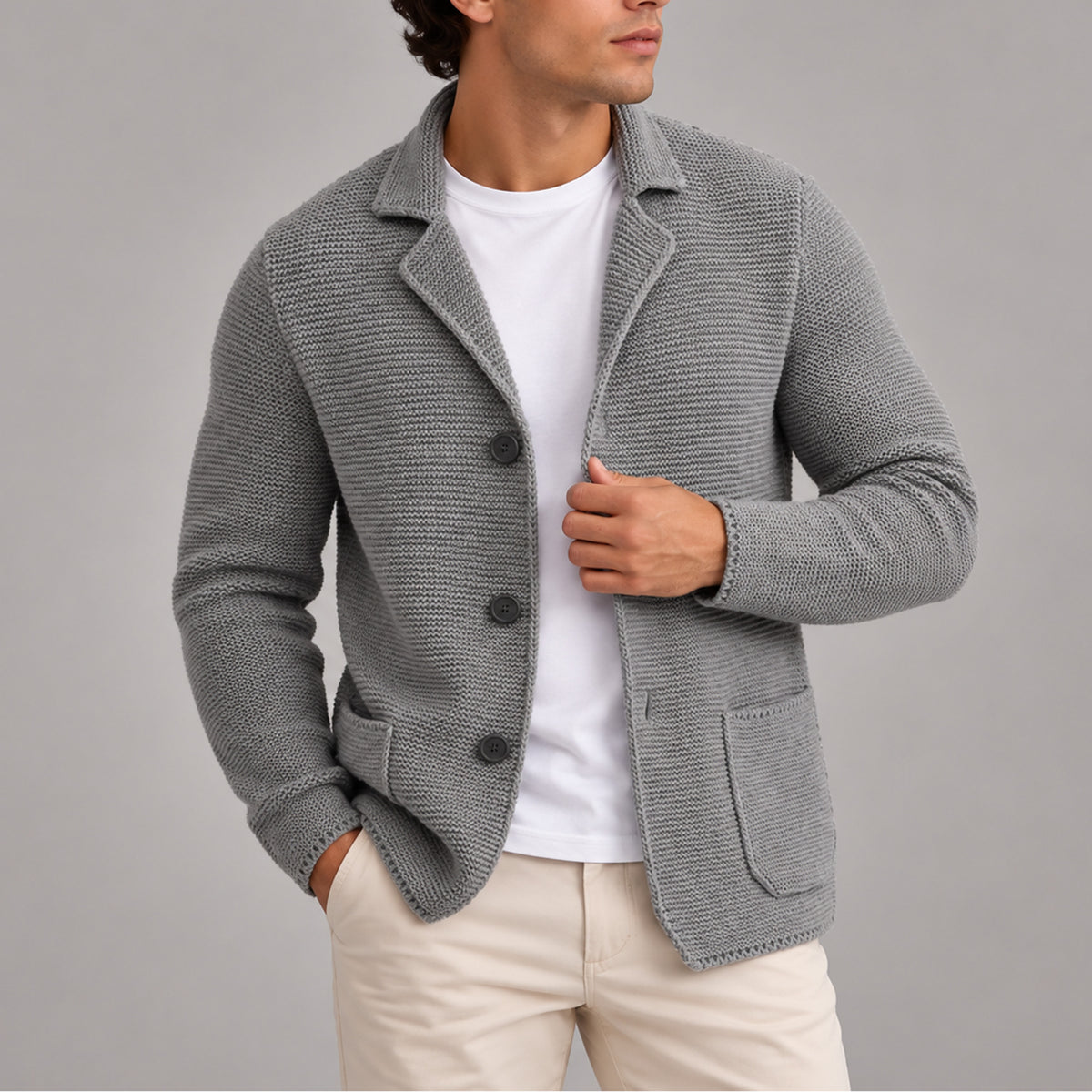 Men’s Knitted Blazer Cardigan With Button-Up Front And Patch Pockets - Image 6