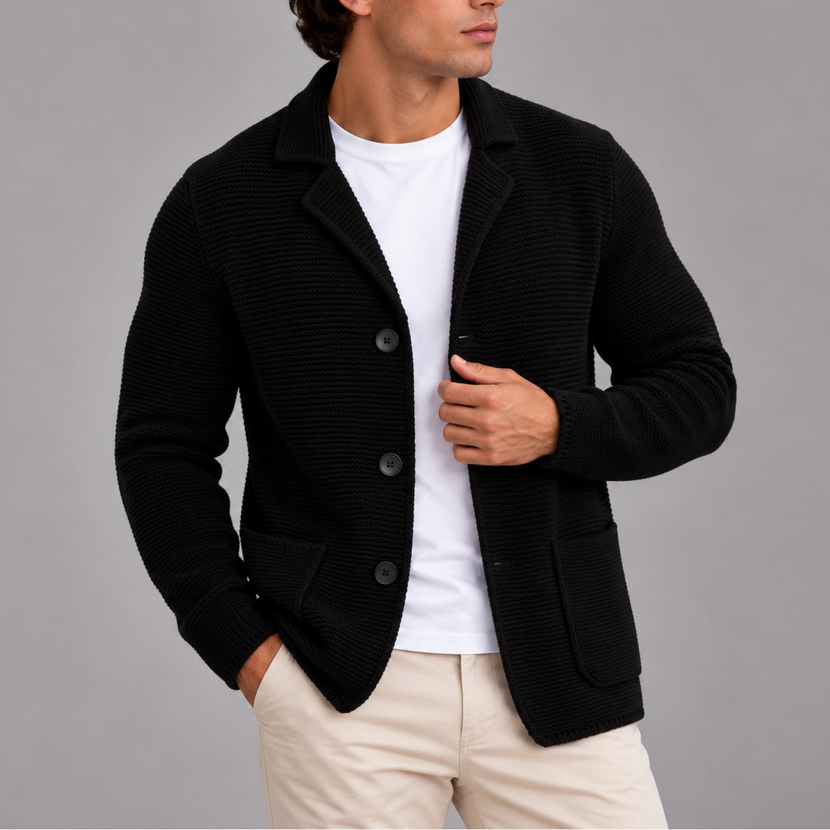 Men’s Knitted Blazer Cardigan With Button-Up Front And Patch Pockets - Image 1