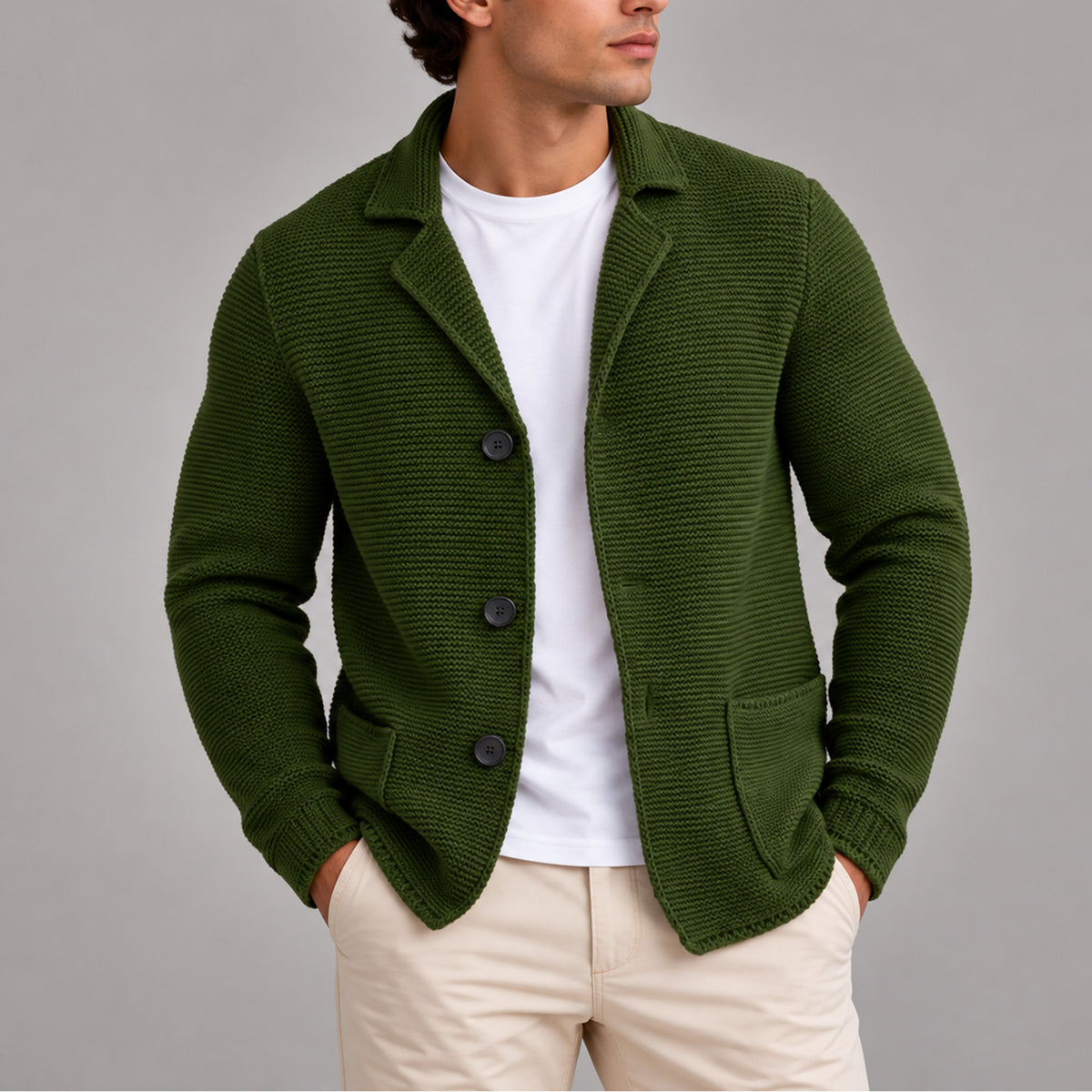 Men’s Knitted Blazer Cardigan With Button-Up Front And Patch Pockets - Image 4