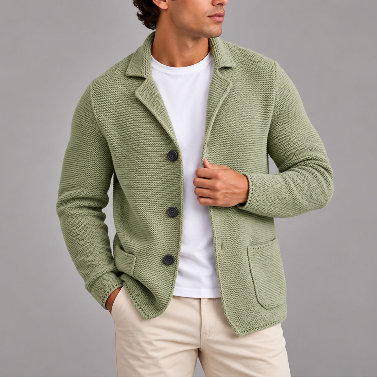 Men’s Knitted Blazer Cardigan With Button-Up Front And Patch Pockets - Image 3