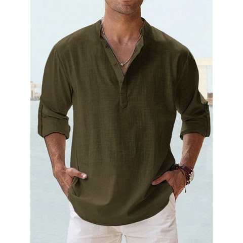Men's Long Sleeve Henley Shirt with Relaxed Fit and Button-Front - Image 10