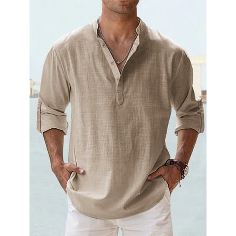 Men's Long Sleeve Henley Shirt with Relaxed Fit and Button-Front - Image 9