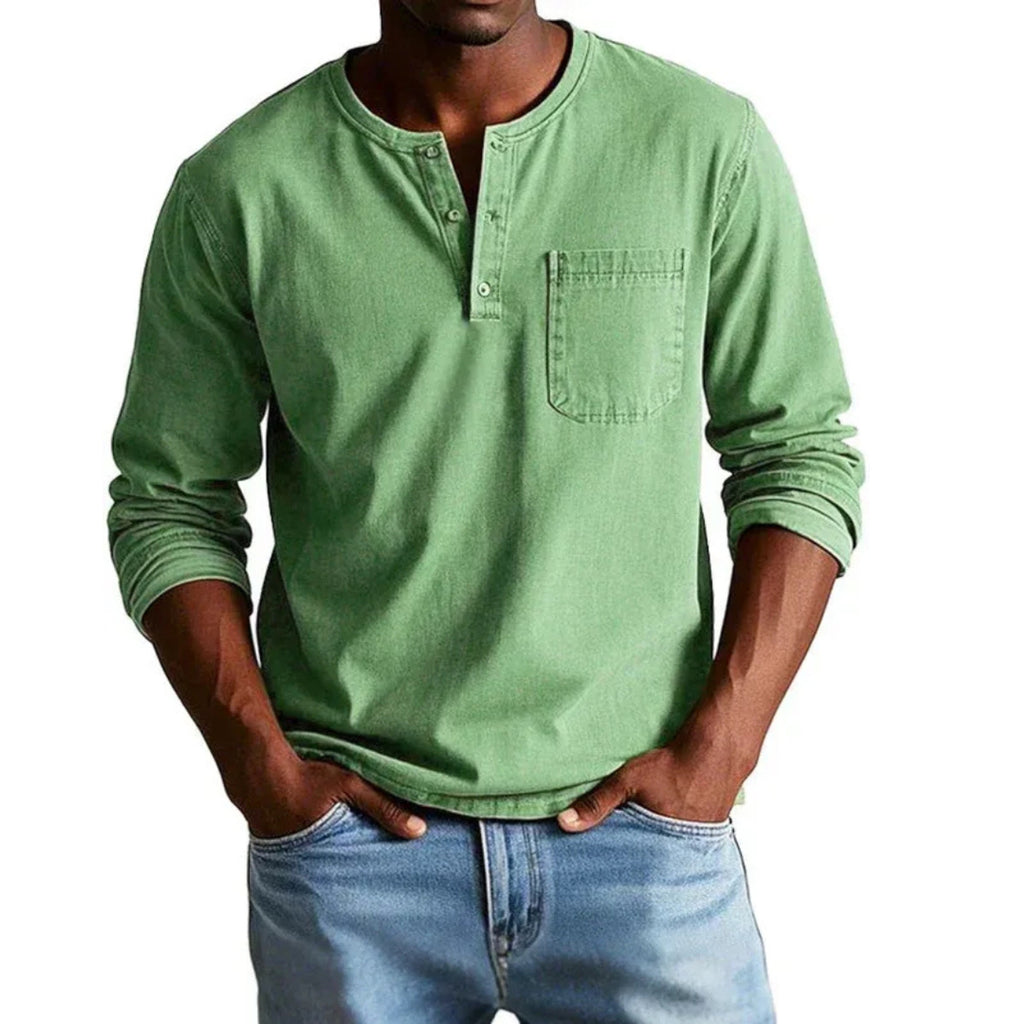 Men's Long Sleeve Henley Shirt with Relaxed Fit and Button-Front - Image 1