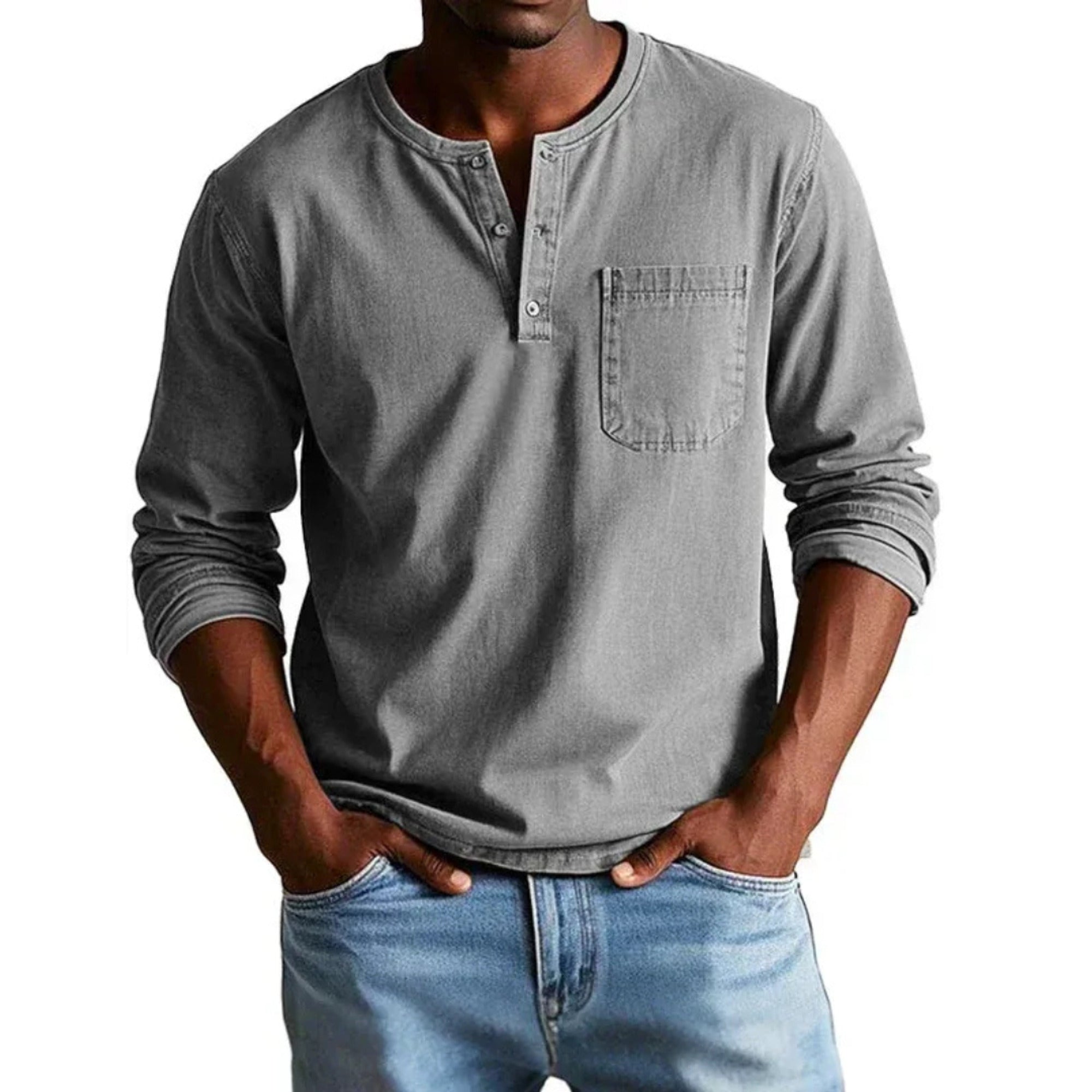 Men's Long Sleeve Henley Shirt with Relaxed Fit and Button-Front - Image 4
