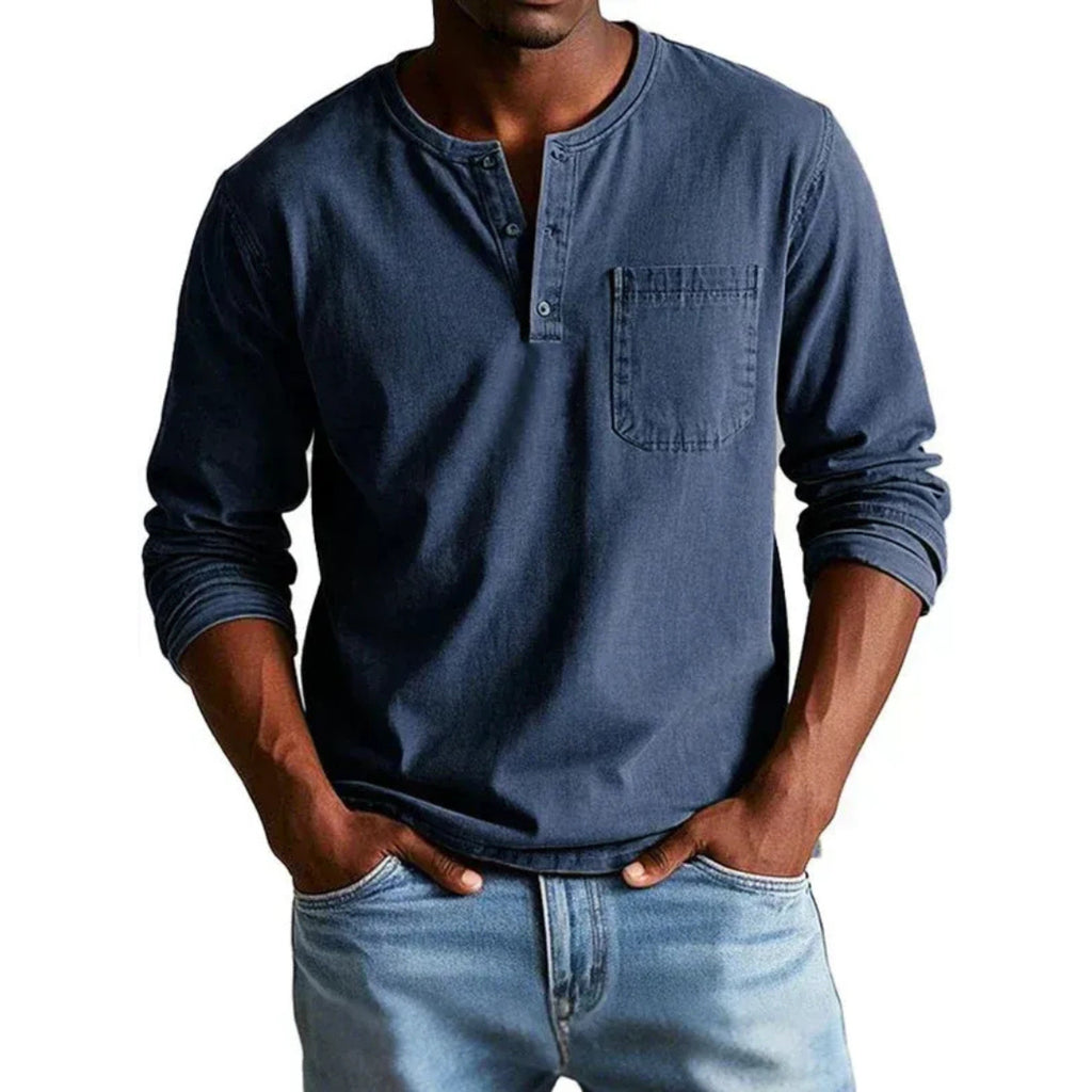 Men's Long Sleeve Henley Shirt with Relaxed Fit and Button-Front - Image 3