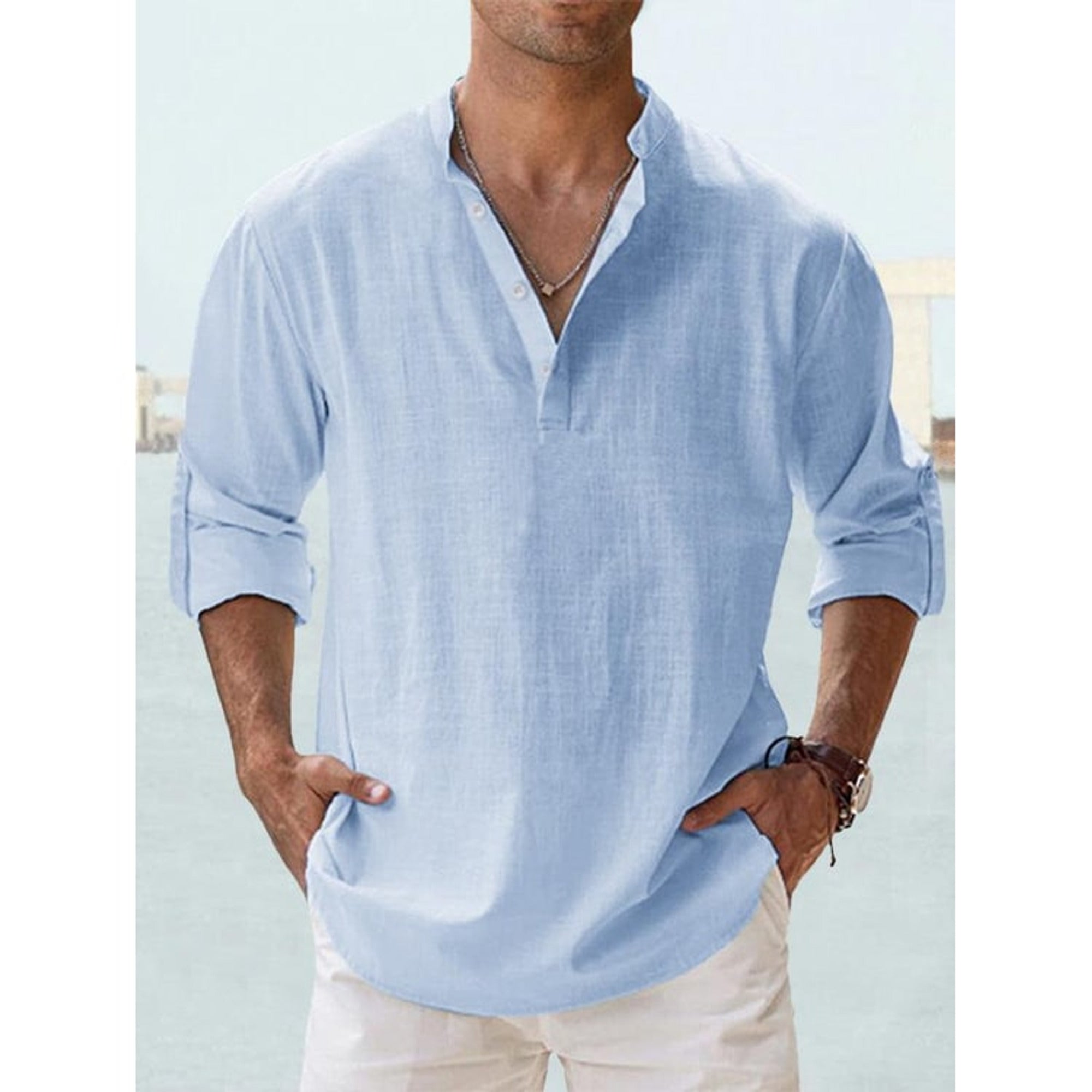 Men's Long Sleeve Henley Shirt with Relaxed Fit and Button-Front - Image 1