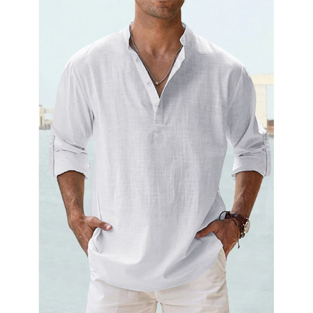 Men's Long Sleeve Henley Shirt with Relaxed Fit and Button-Front - Image 4