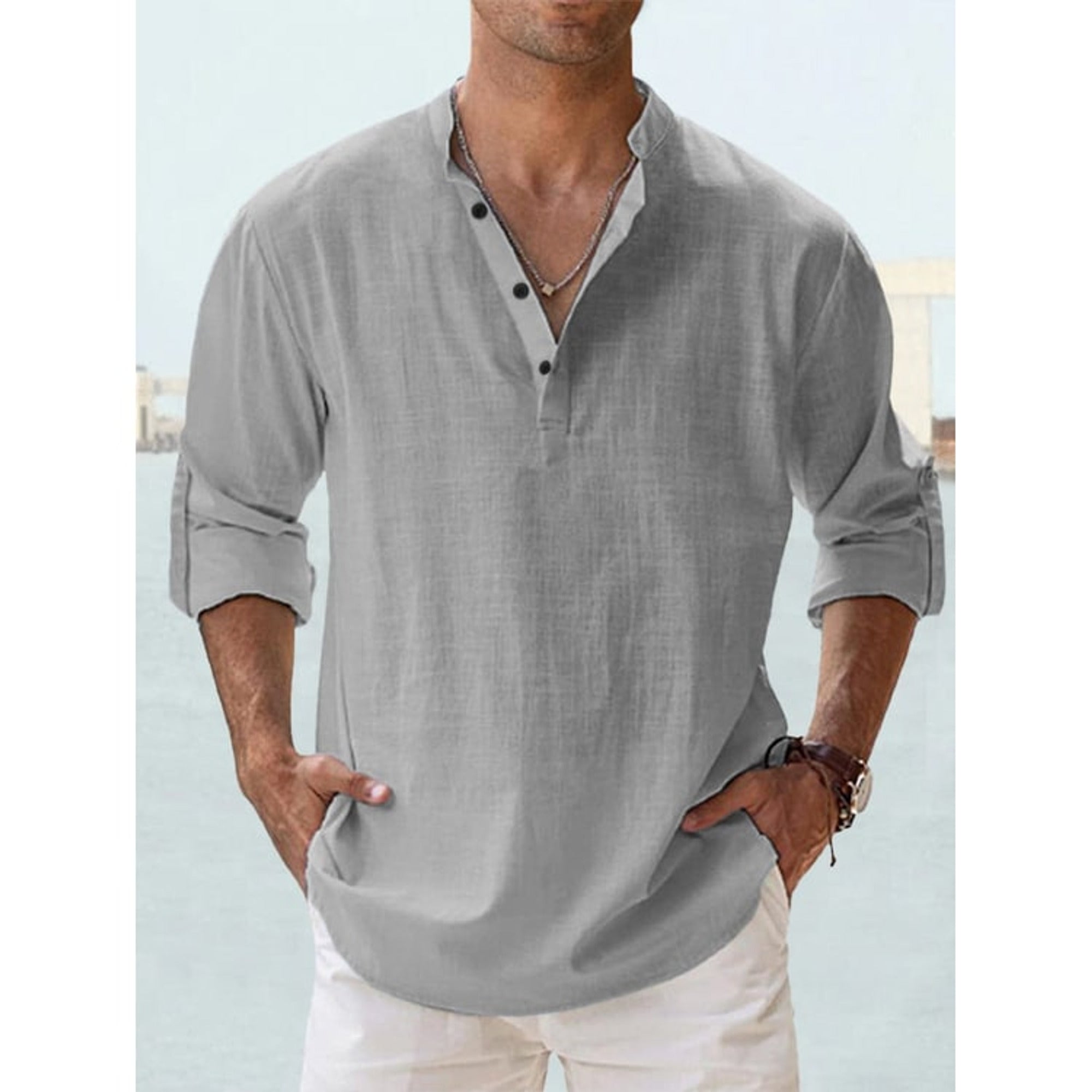 Men's Long Sleeve Henley Shirt with Relaxed Fit and Button-Front - Image 3