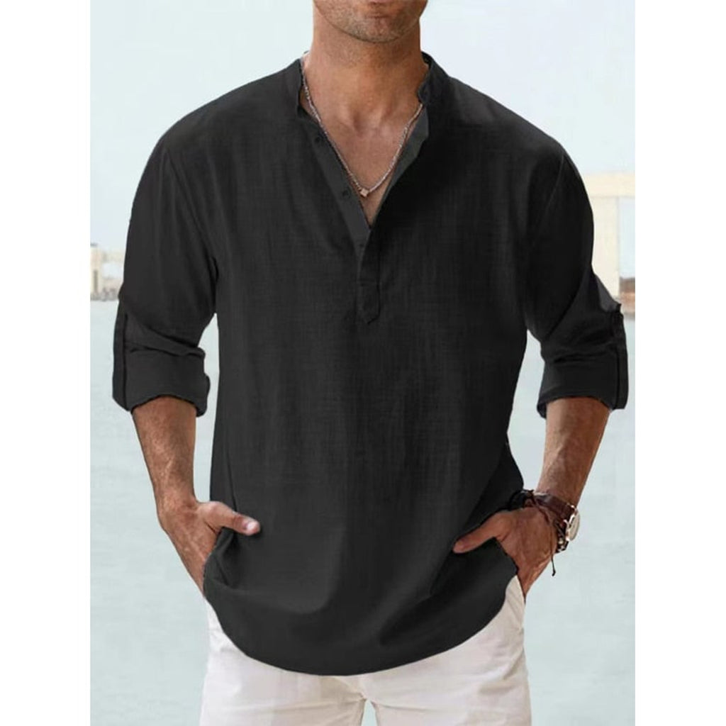 Men's Long Sleeve Henley Shirt with Relaxed Fit and Button-Front - Image 2