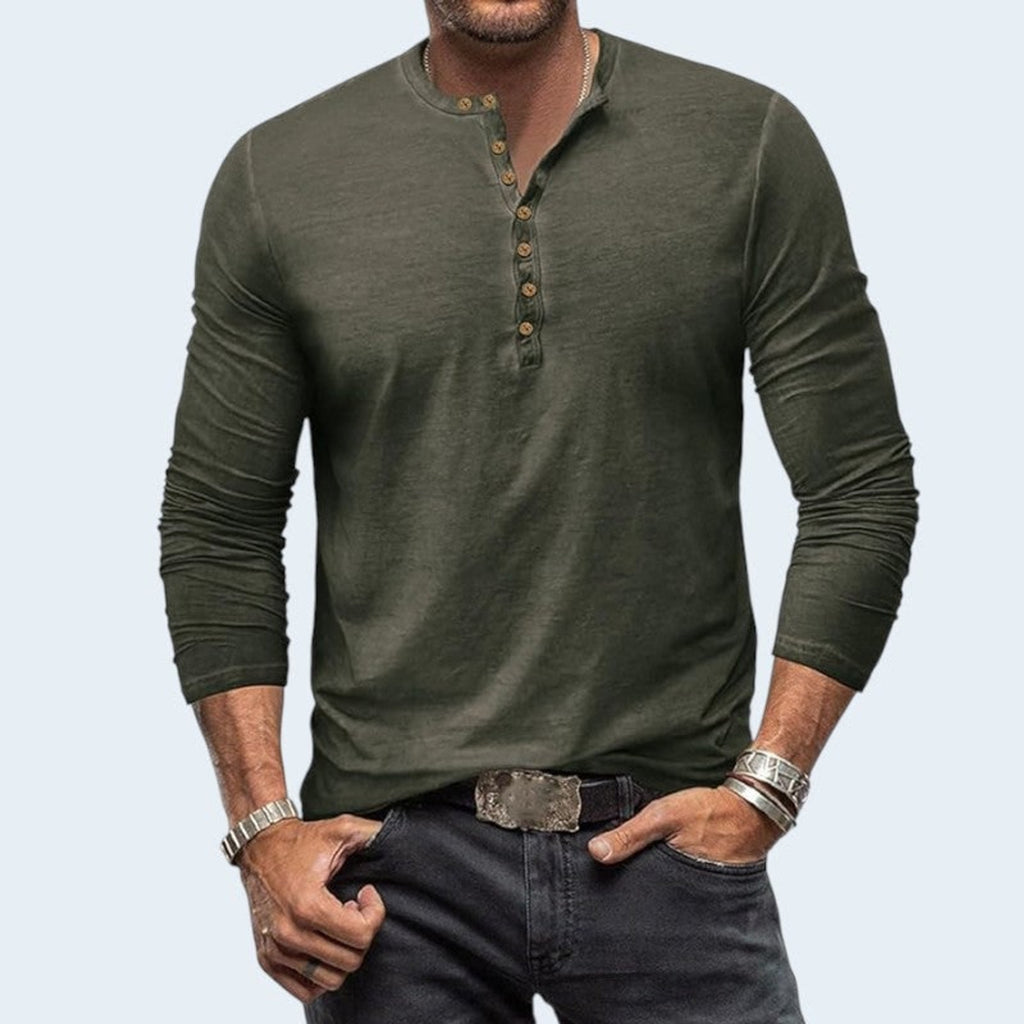 Men's Long Sleeve Henley Shirt with Relaxed Fit and Button Placket - Image 9