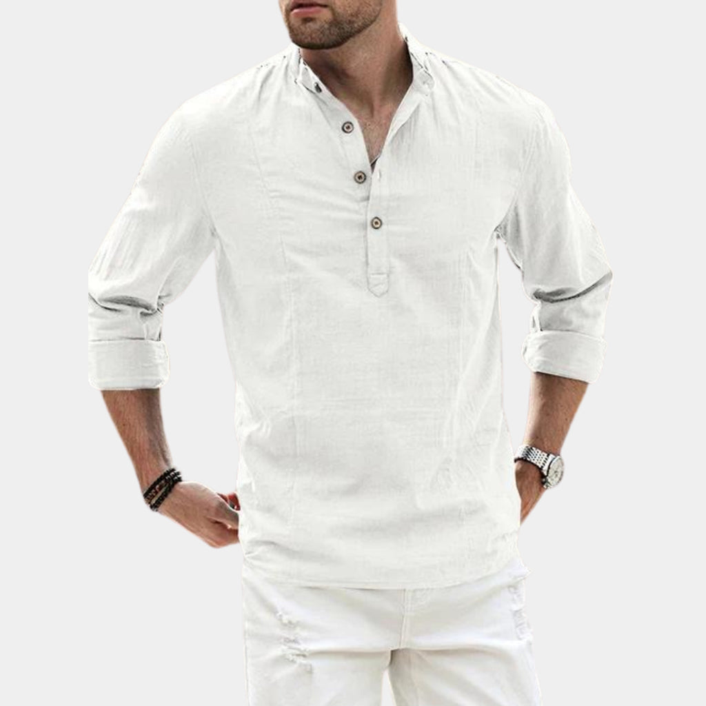 Men's Long Sleeve Henley Shirt with Relaxed Tailored Fit and Button Placket - Image 1