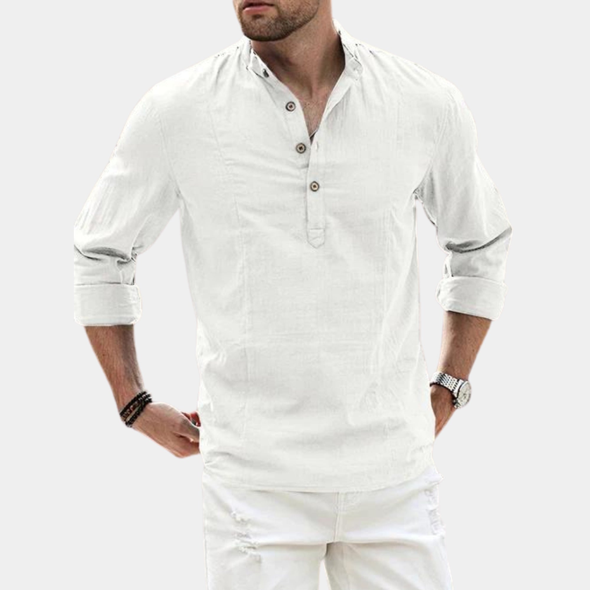 Men's Long Sleeve Henley Shirt with Relaxed Tailored Fit and Button Placket - Image 1