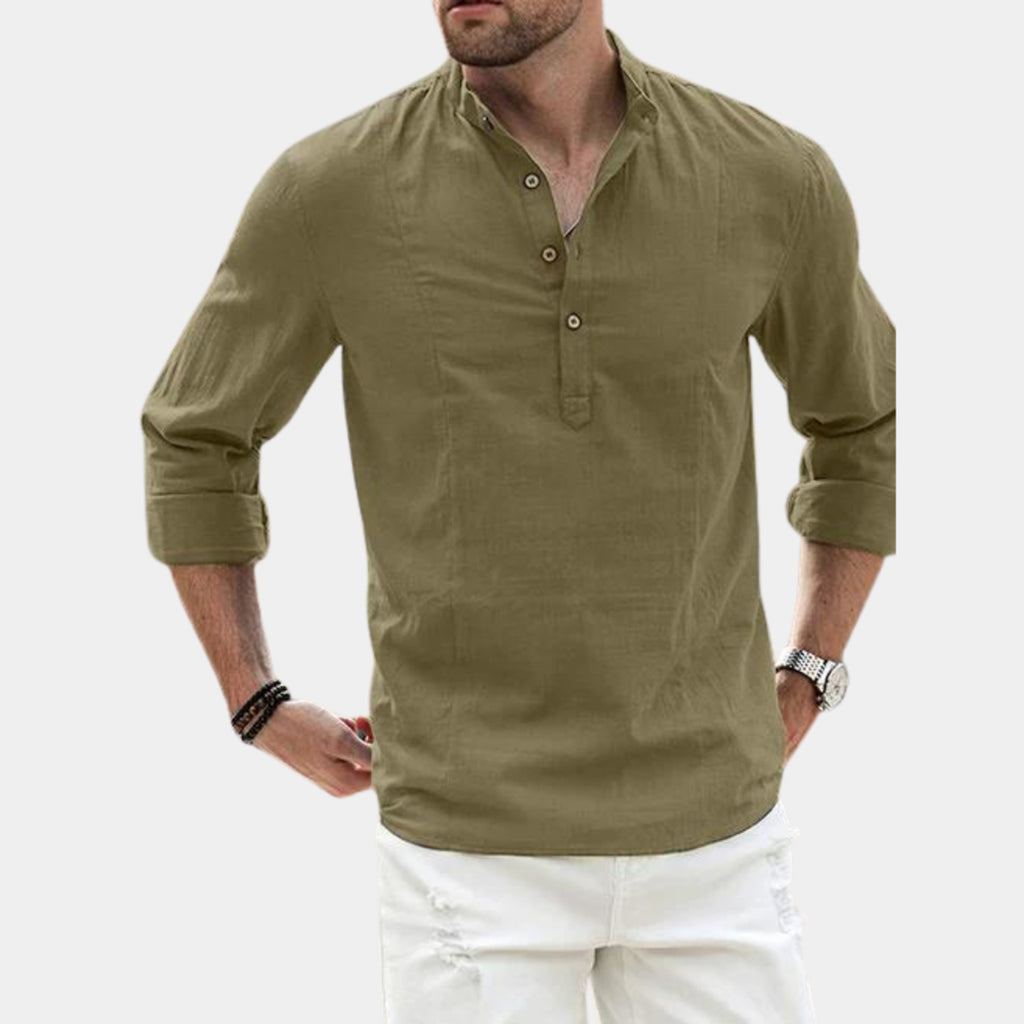 Men's Long Sleeve Henley Shirt with Relaxed Tailored Fit and Button Placket - Image 3
