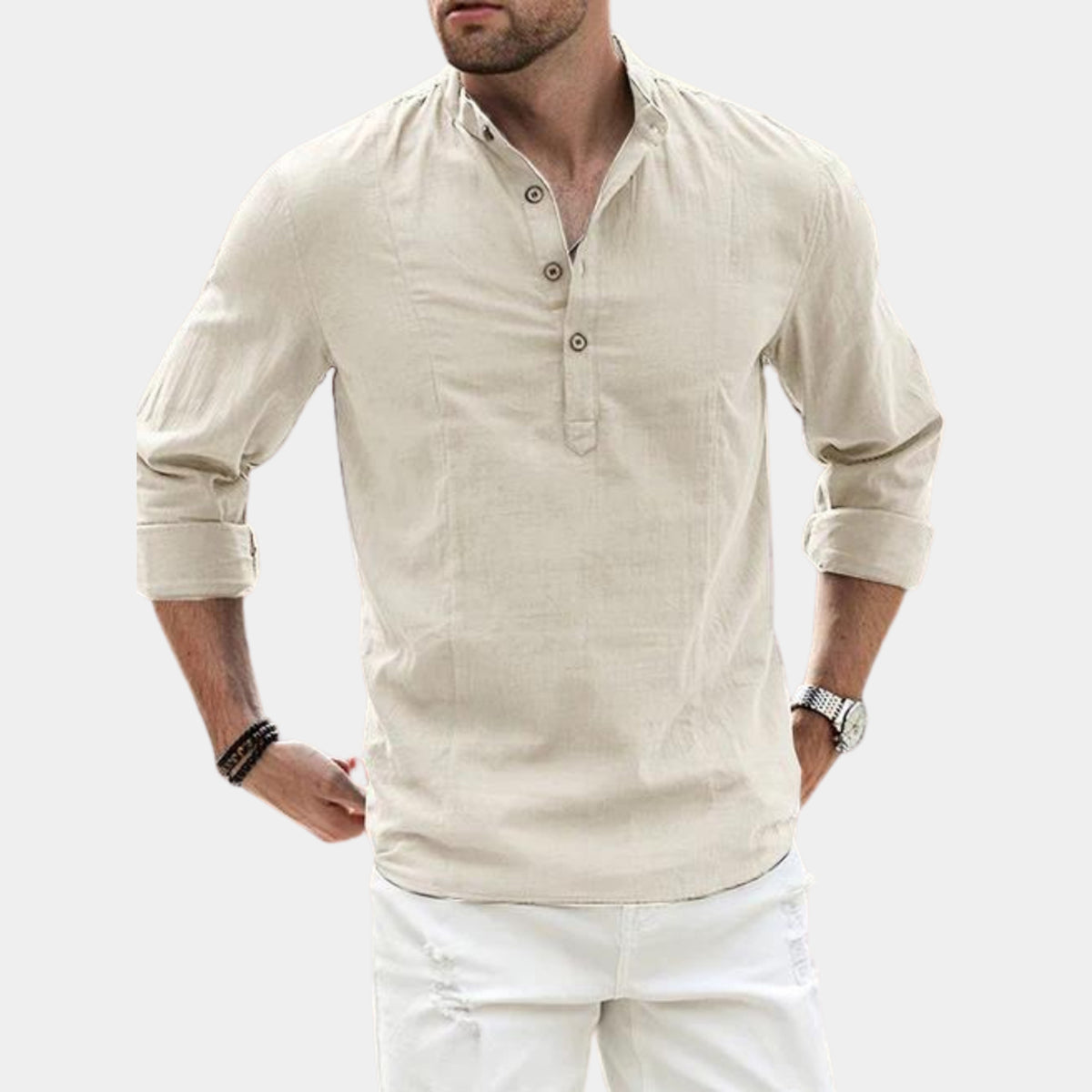 Men's Long Sleeve Henley Shirt with Relaxed Tailored Fit and Button Placket - Image 2