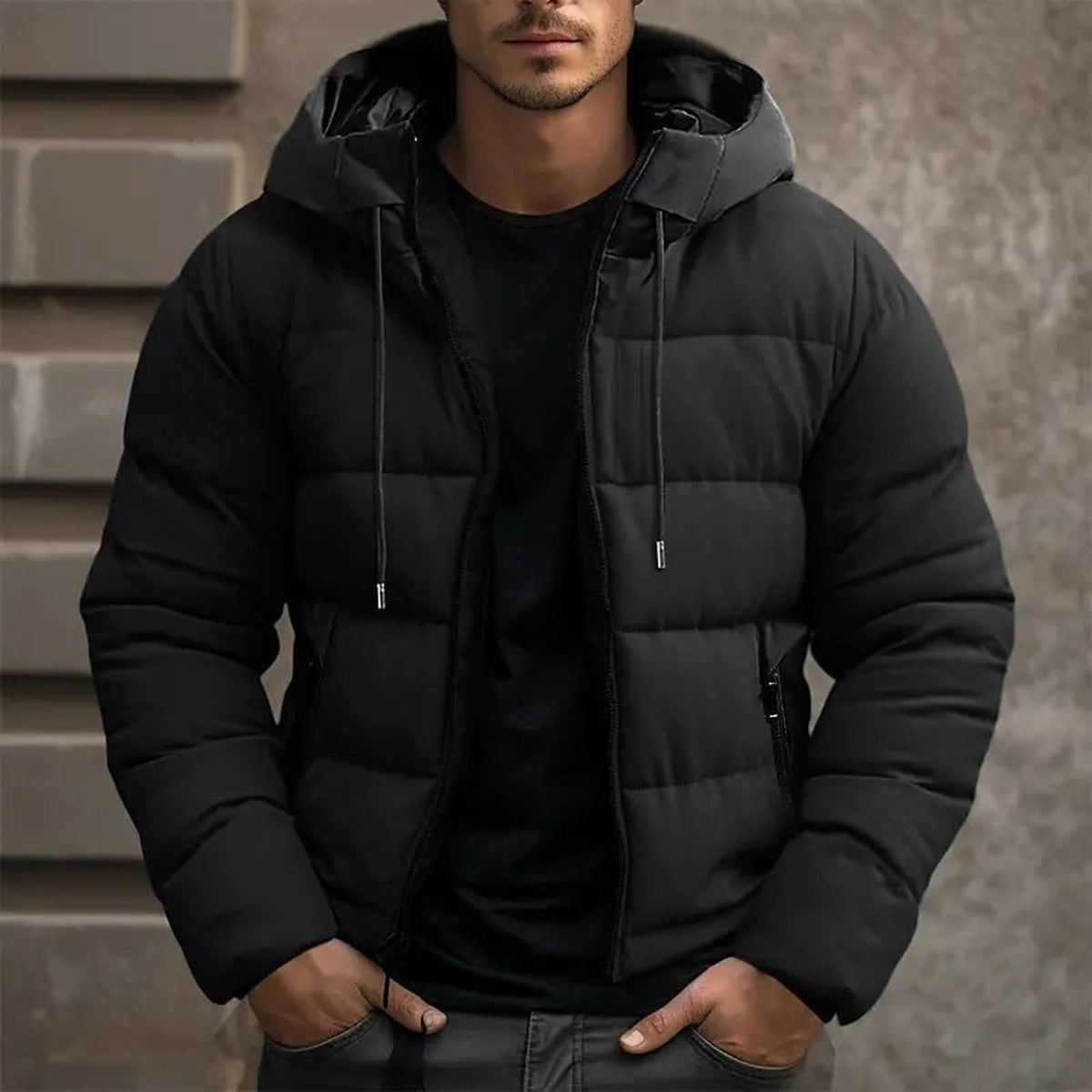 Men's Outerwear with Adjustable Quilted Jacket and Hooded Front-Zip - Image 1