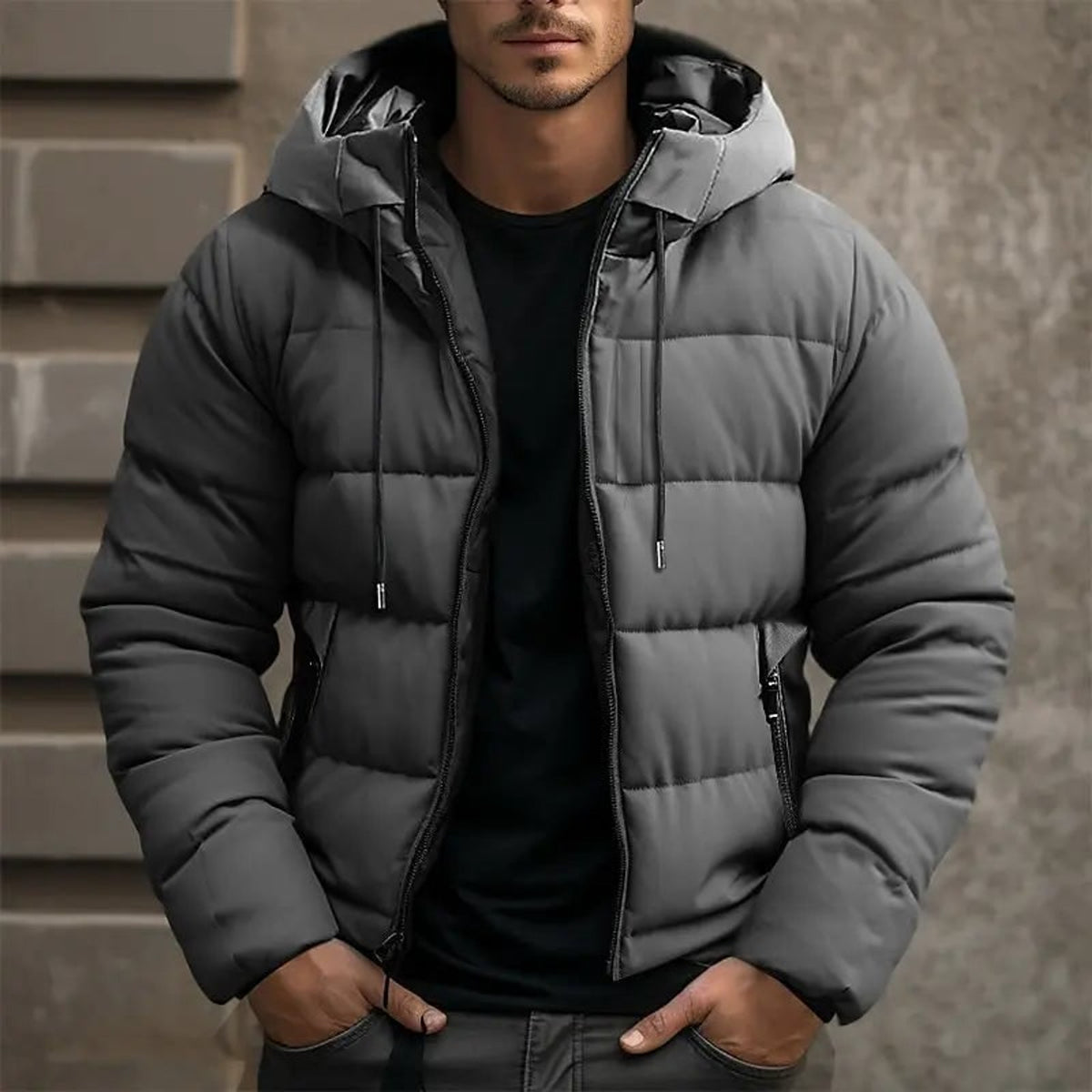 Men's Outerwear with Adjustable Quilted Jacket and Hooded Front-Zip - Image 2