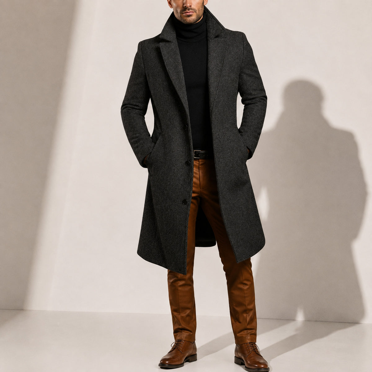 Men's Overcoat with Single-Breasted Classic Fit and Lapel Collar - Image 3