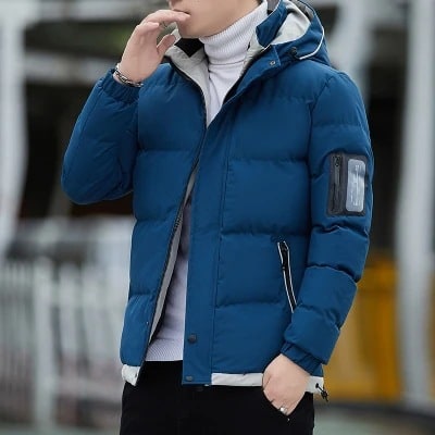 Men's Padded Down Jacket with Hooded Long Sleeve and Collar - Image 3