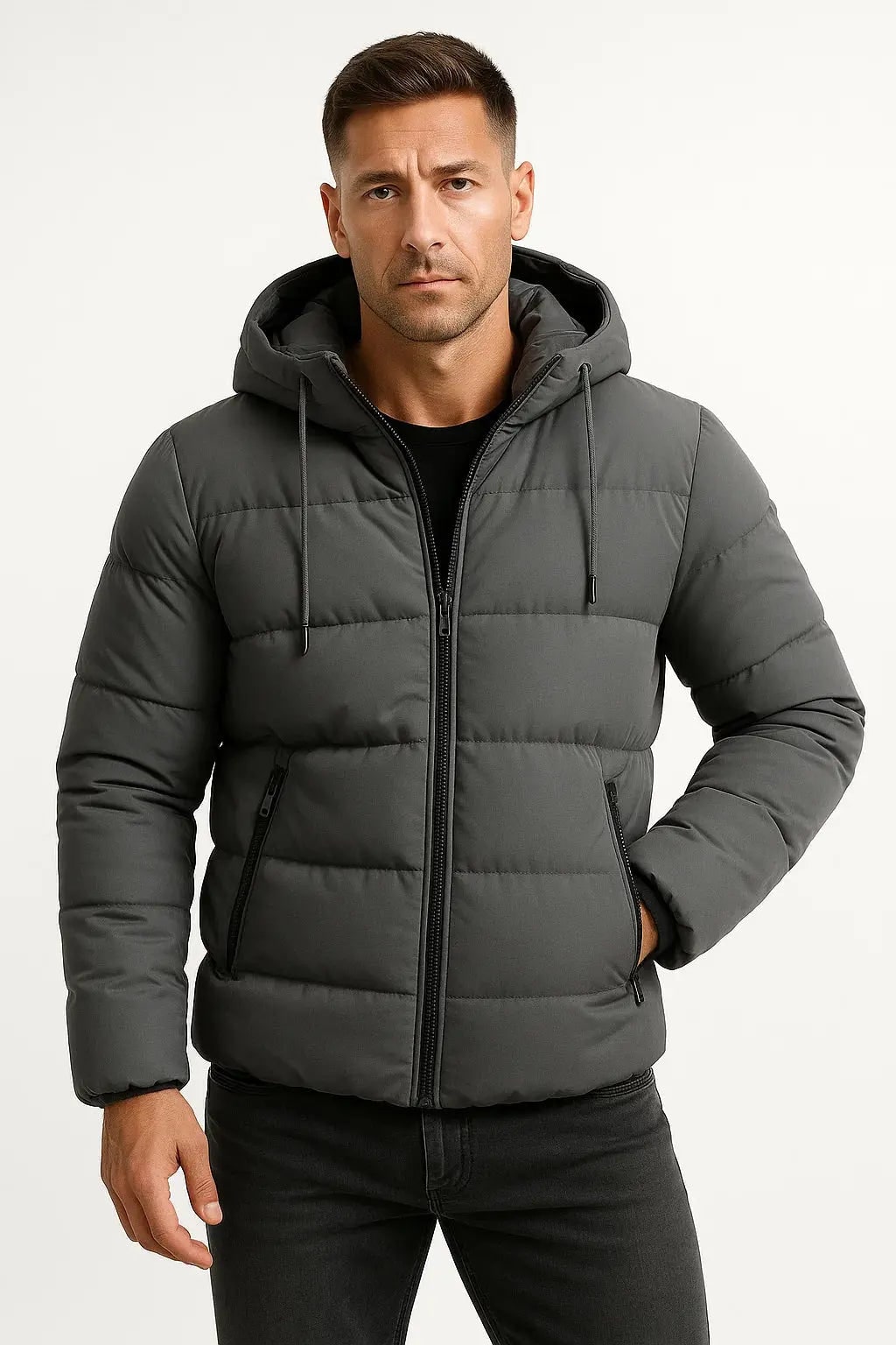 Men's Puffer Jacket with Insulated Hooded Design and Zipper Front - Image 1