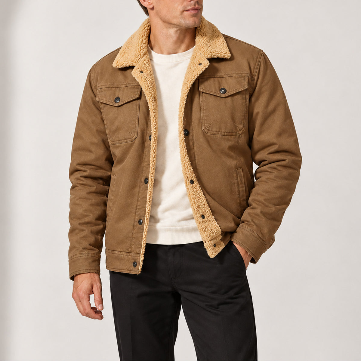 Men's Sherpa-Lined Trucker Jacket With Fleece Collar And Press-Stud Chest Pockets - Image 4