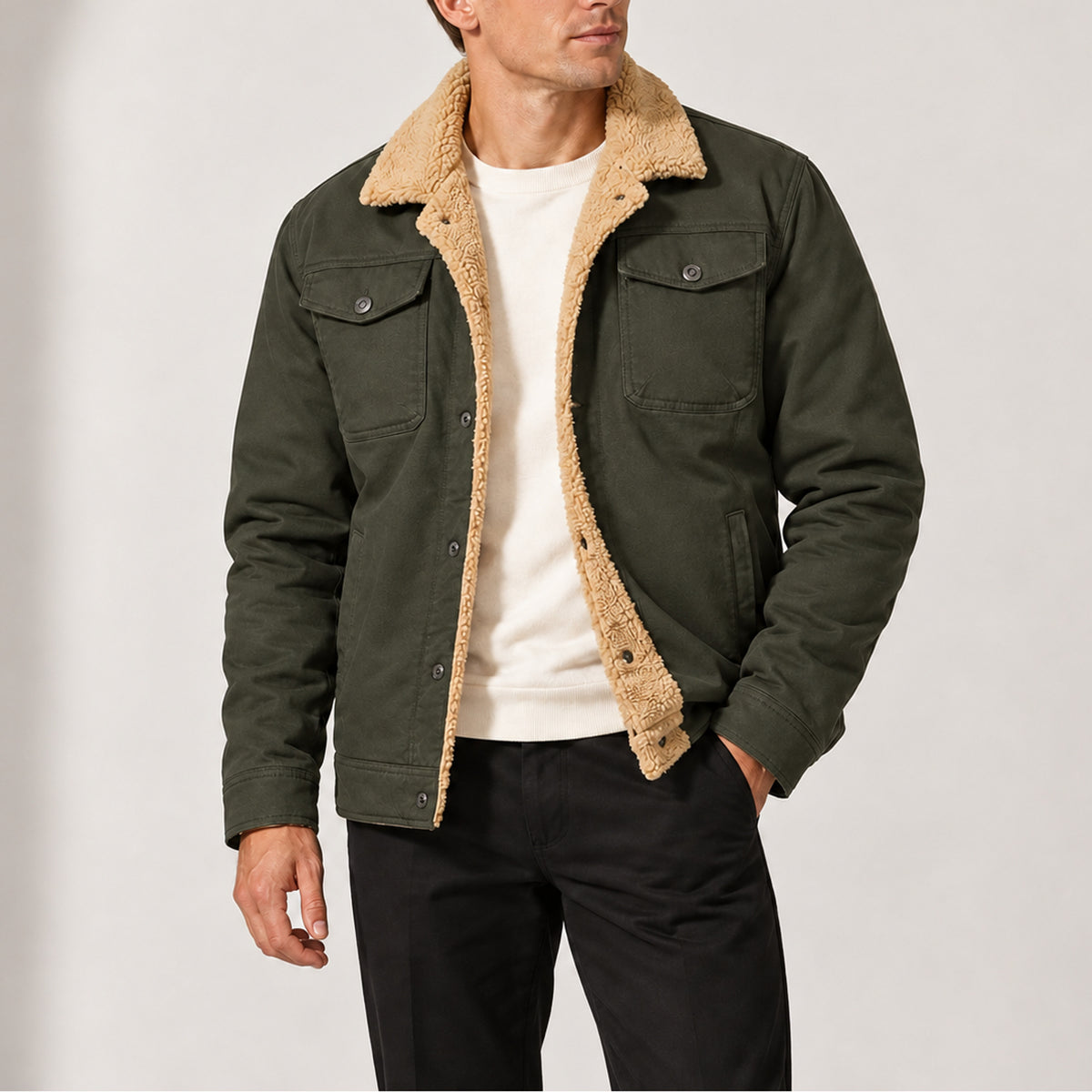 Men's Sherpa-Lined Trucker Jacket With Fleece Collar And Press-Stud Chest Pockets - Image 3