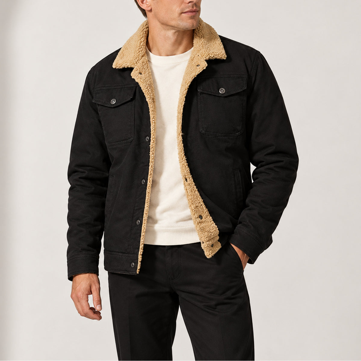 Men's Sherpa-Lined Trucker Jacket With Fleece Collar And Press-Stud Chest Pockets - Image 1