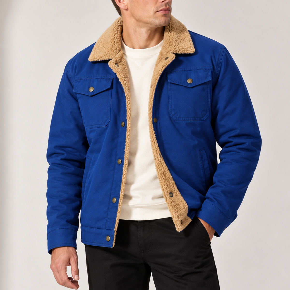Men's Sherpa-Lined Trucker Jacket With Fleece Collar And Press-Stud Chest Pockets - Image 5