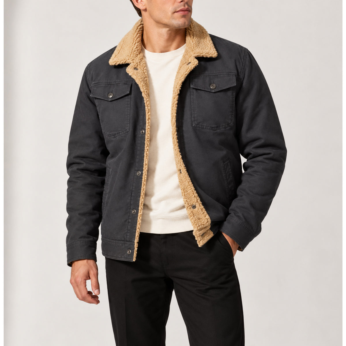 Men's Sherpa-Lined Trucker Jacket With Fleece Collar And Press-Stud Chest Pockets - Image 6