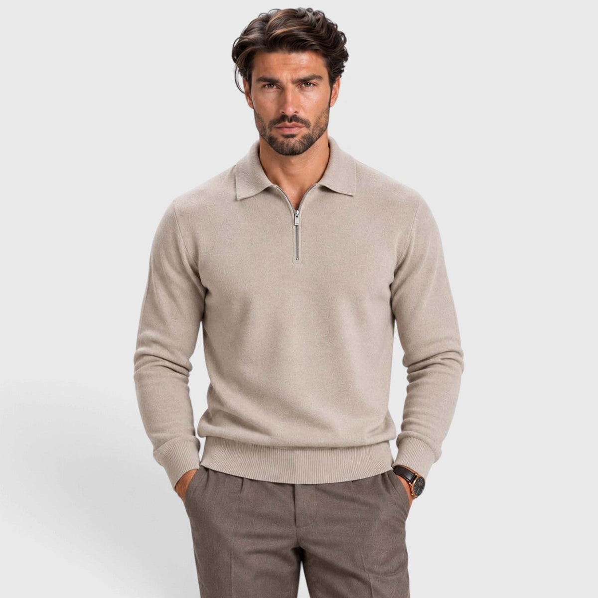 Men's Wool Blend Quarter Zip Polo Jumper - Image 1