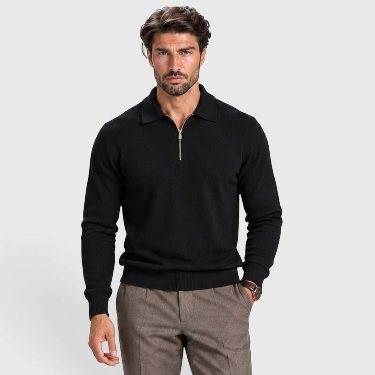Men's Wool Blend Quarter Zip Polo Jumper - Image 5