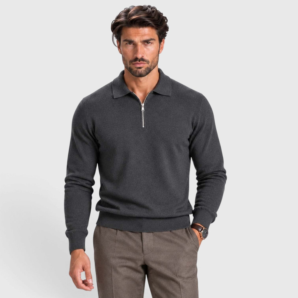 Men's Wool Blend Quarter Zip Polo Jumper - Image 6