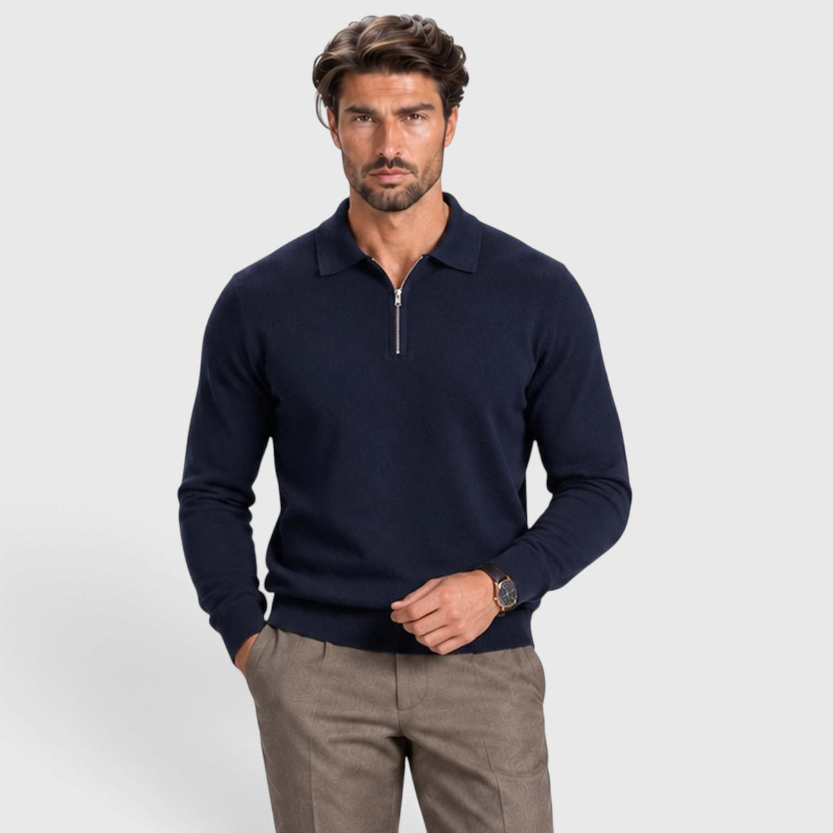 Men's Wool Blend Quarter Zip Polo Jumper - Image 7