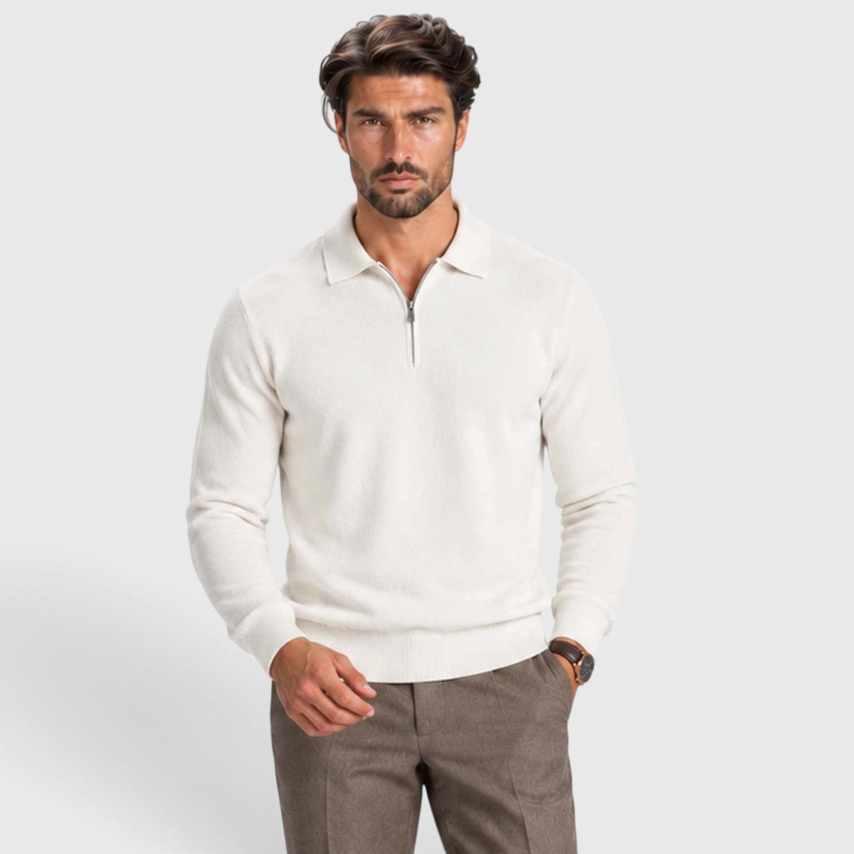 Men's Wool Blend Quarter Zip Polo Jumper - Image 8