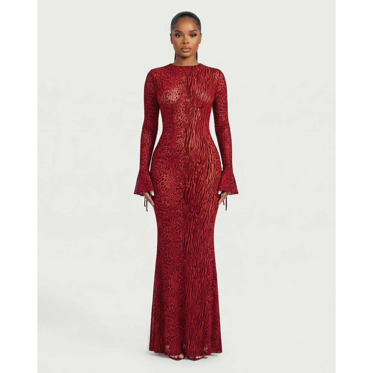 Mesh Maxi Dress With Open Back And Long Sleeves - Image 1