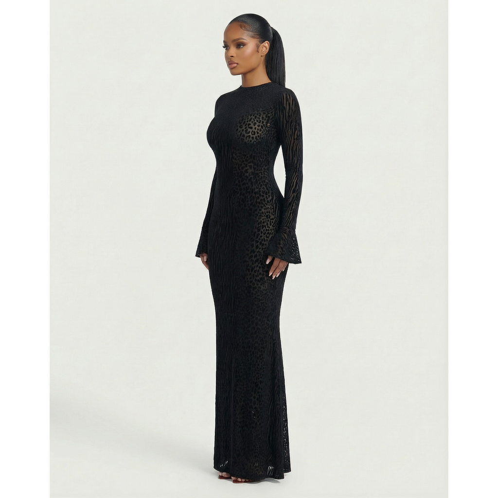 Mesh Maxi Dress With Open Back And Long Sleeves - Image 8