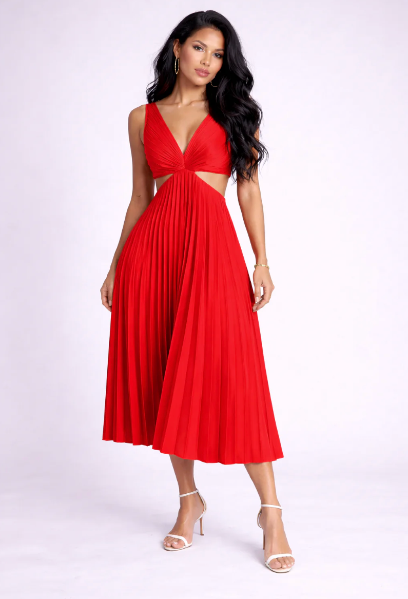 NOVA | Women’s Pleated Midi Dress – Elegant Flowing Dress for Events