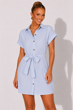 NOVA | Women's Blue & White Striped Midi Shirt Dress | Belted Summer Dress with Pockets