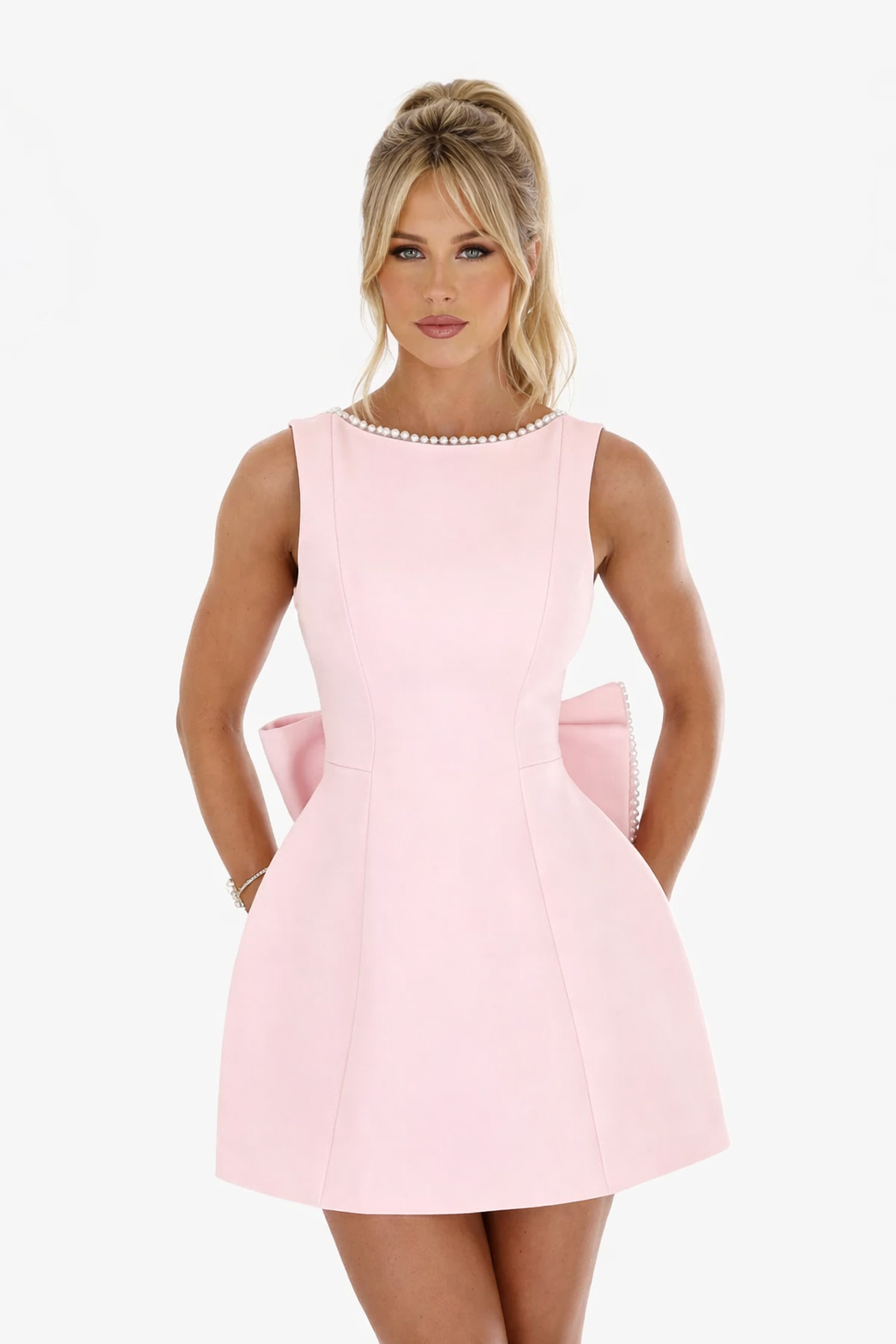 NOVA | Women's Elegant A-Line Mini Dress | Sophisticated Pearl Trim Su House Of Nova London NOVA | Women's Elegant A-Line Mini Dress | Sophisticated Pearl Trim Su House Of Nova London