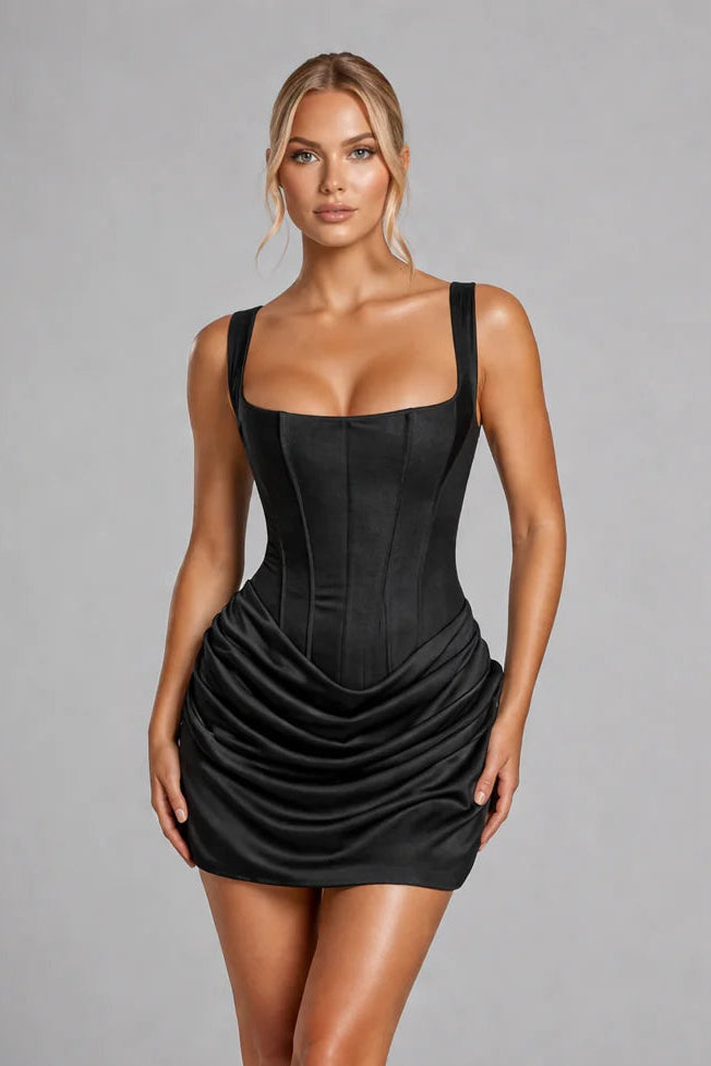 NOVA | Women’s Ruched Bodycon Mini Dress Brown – Square Neck Sleeveless Party Dress