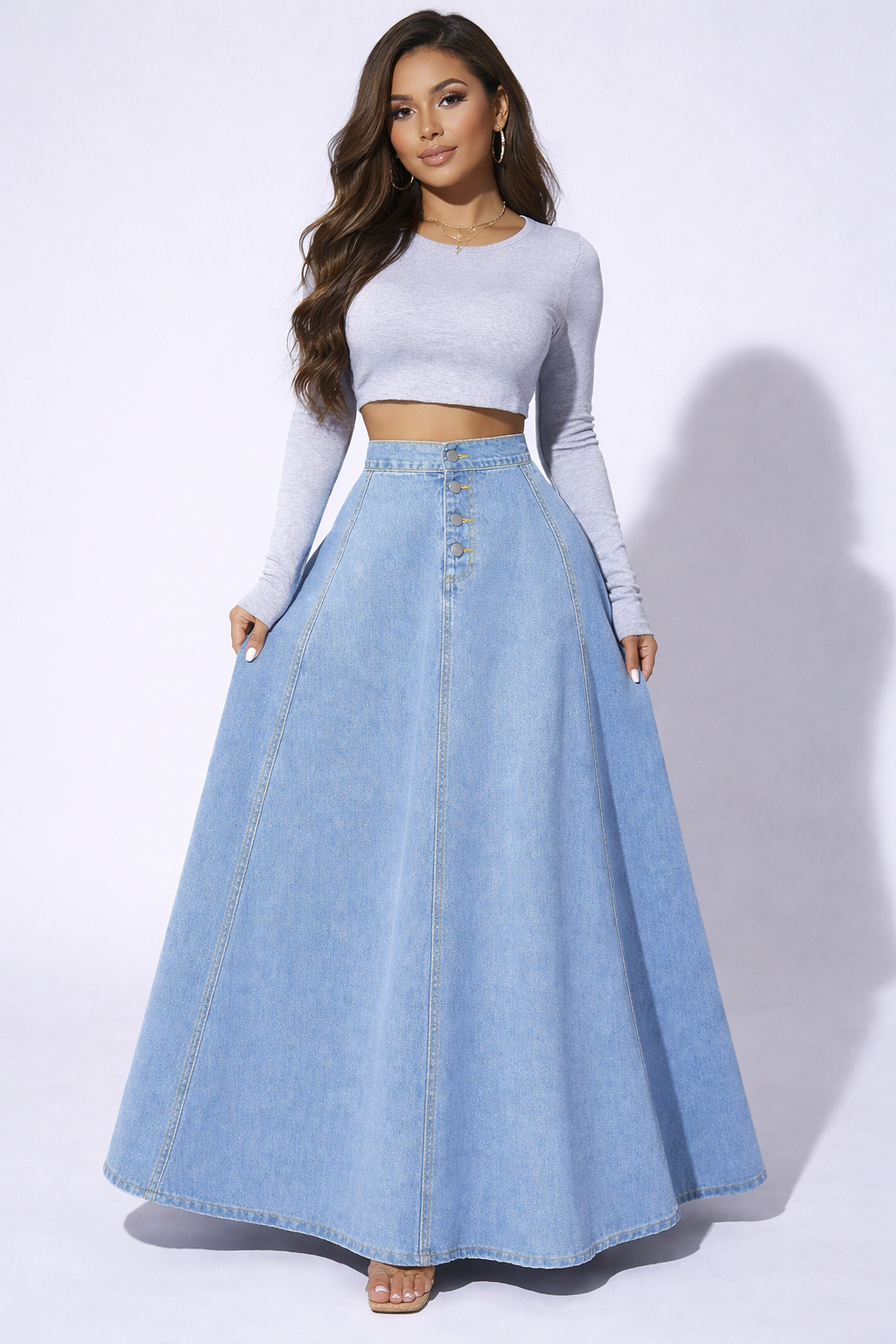 NOVA | Women’s High Waisted Denim Maxi Skirt – A-Line Long Jean Skirt with Button Front