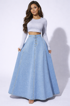 NOVA | Women’s High Waisted Denim Maxi Skirt – A-Line Long Jean Skirt with Button Front