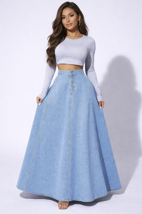 NOVA | Women’s High Waisted Denim Maxi Skirt – A-Line Long Jean Skirt with Button Front
