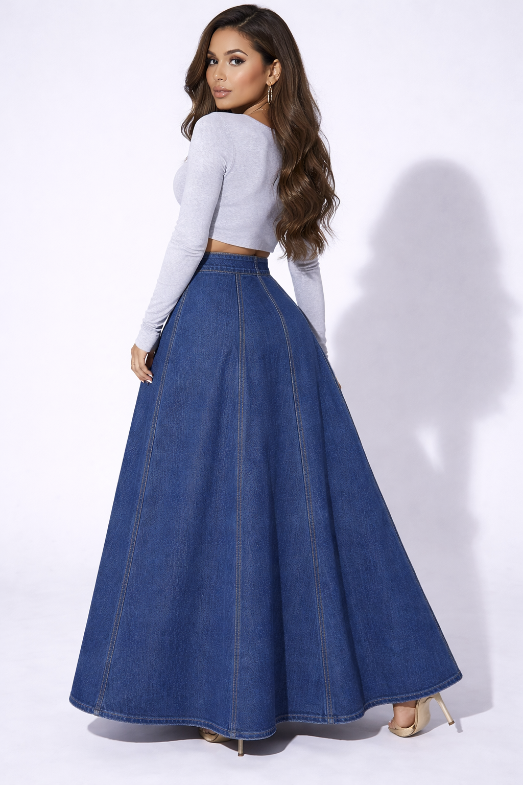 NOVA | Women’s High Waisted Denim Maxi Skirt – A-Line Long Jean Skirt with Button Front