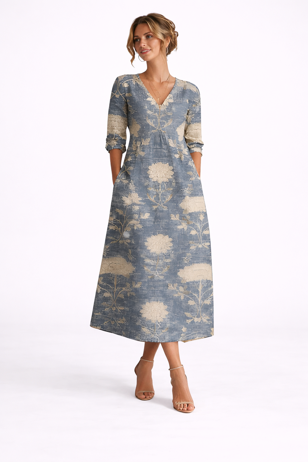 NOVA | Robe midi florale – Col en V manches longues élégante
